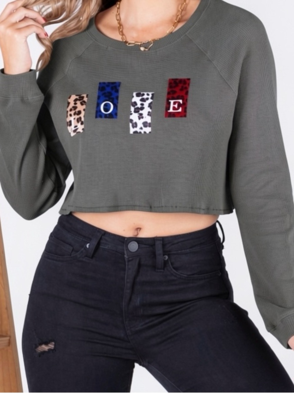 Akaiv Charcoal Waffle Knit LOVE Graphic Cropped Long Sleeve Top Size S, M & L